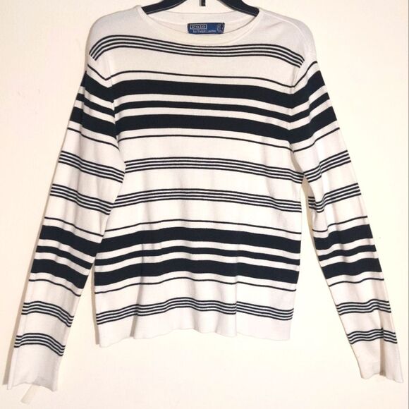 Polo by Ralph Lauren Women's Pima Cotton Crewneck Striped Sweater White M EUC - Picture 4 of 13